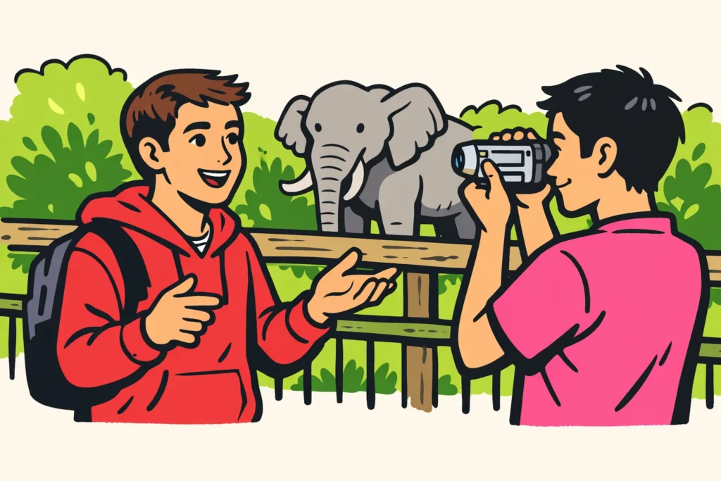 Illustratie van een bezoeker die in een dierentuin door een vriend met een kleine camera wordt gefilmd.