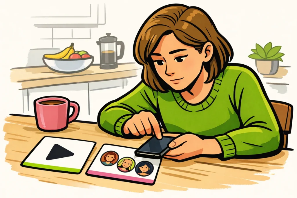 Persoon bekijkt een smartphone naast illustraties van een video en enkele kijkers.