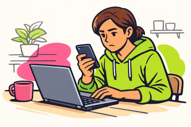 Persoon vergelijkt een telefoon en laptop om een inlogprobleem bij Instagram te onderzoeken.