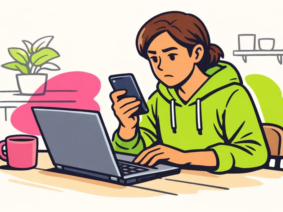 Persoon vergelijkt een telefoon en laptop om een inlogprobleem bij Instagram te onderzoeken.