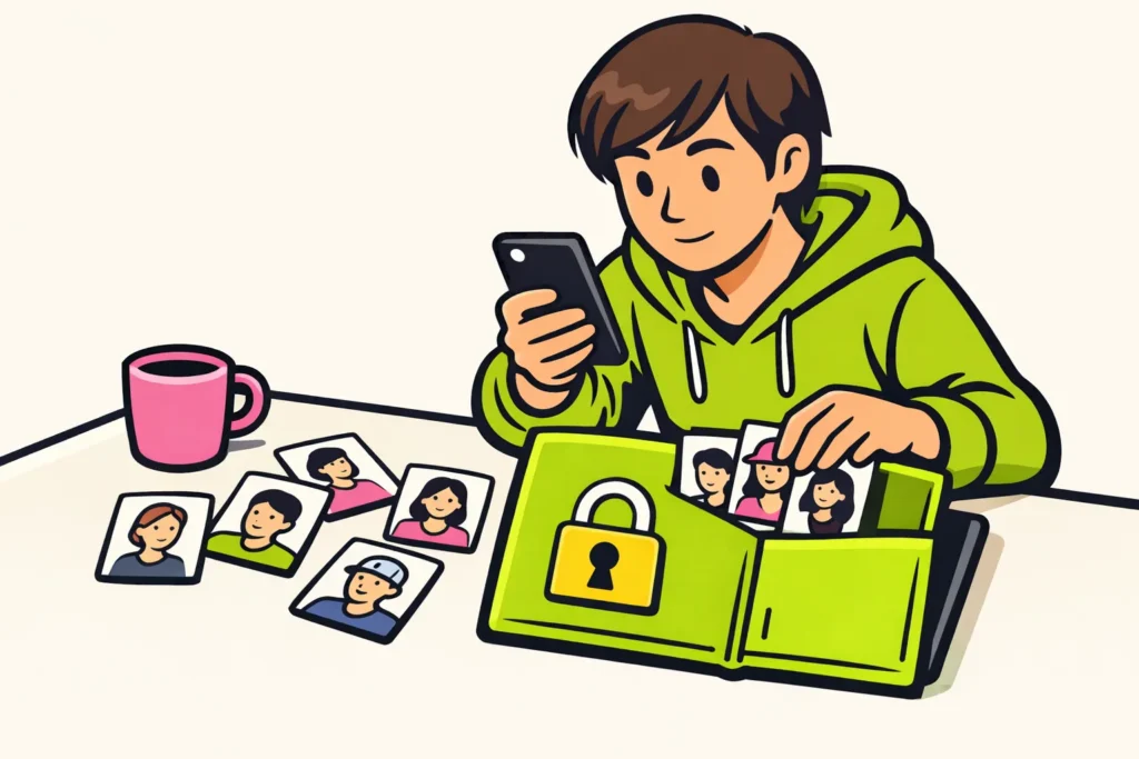 Persoon bekijkt een telefoon en legt portretkaartjes in een map met een slot als beeld voor privacy op Instagram.