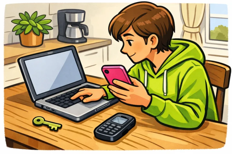 Persoon controleert een telefoon en laptop om weer toegang tot een Instagram account te krijgen.