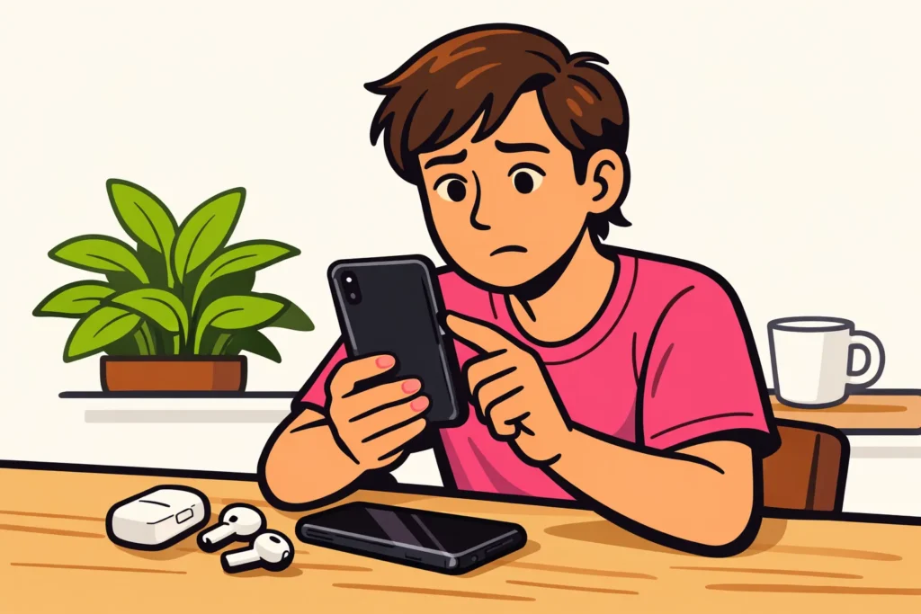 Persoon controleert het geluid op een telefoon, met draadloze oordopjes op tafel.