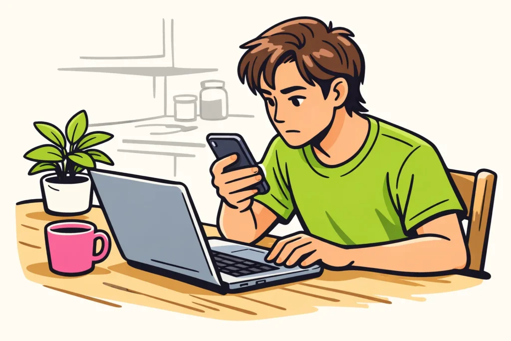 Persoon controleert Instagram op een telefoon met een laptop ernaast om de browser te testen.
