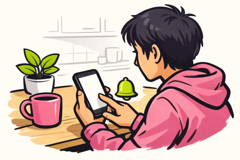 Persoon aan een keukentafel die de meldingen op een smartphone controleert.