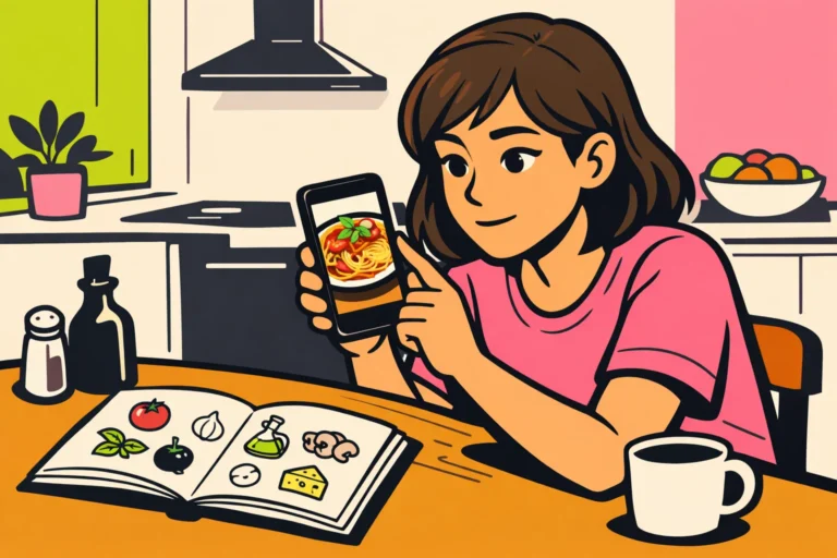 Illustratie van iemand die op een telefoon een foto van een pastagerecht bekijkt.