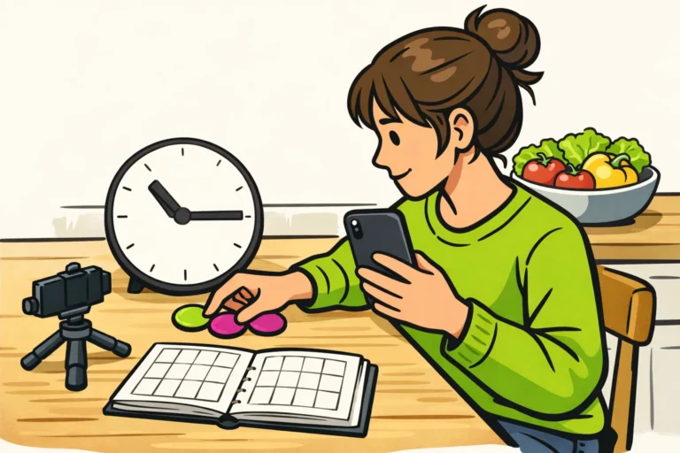 Persoon aan een keukentafel die met een telefoon en klok een moment kiest om een Reel te plaatsen.
