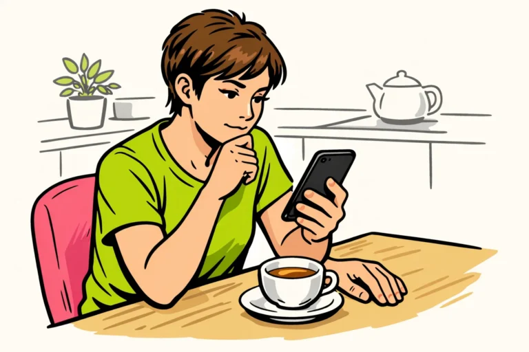 Persoon aan een keukentafel die aandachtig op een smartphone kijkt.