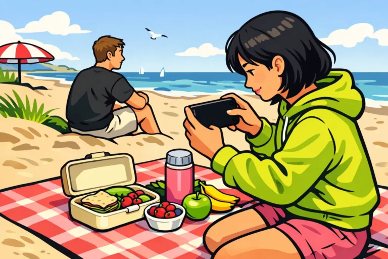 Persoon maakt met een smartphone een foto van een picknick op het strand.