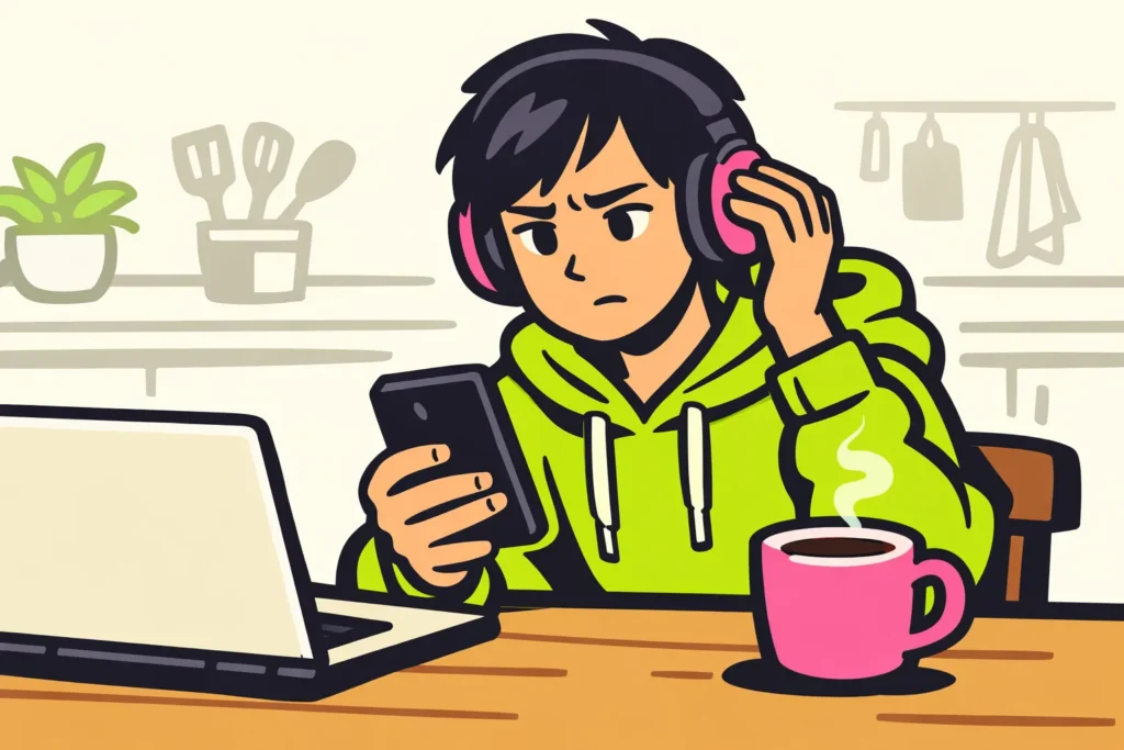 Persoon aan de keukentafel controleert met een telefoon en koptelefoon waarom muziek niet hoorbaar is.