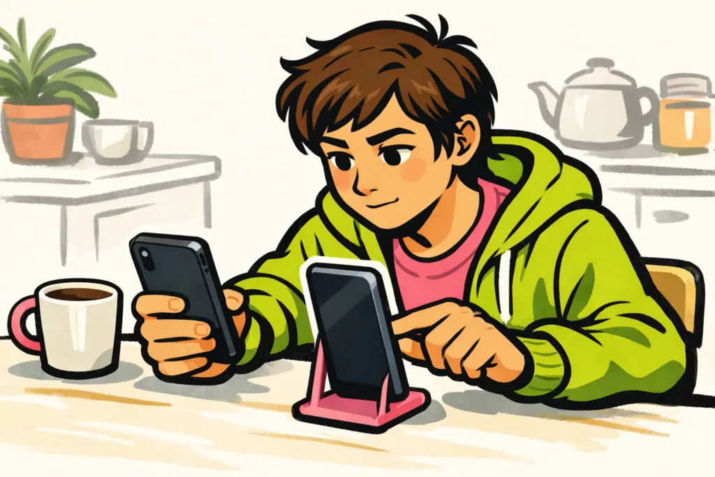 Persoon aan een keukentafel die twee telefoons vergelijkt om een verschil in Instagram te controleren.