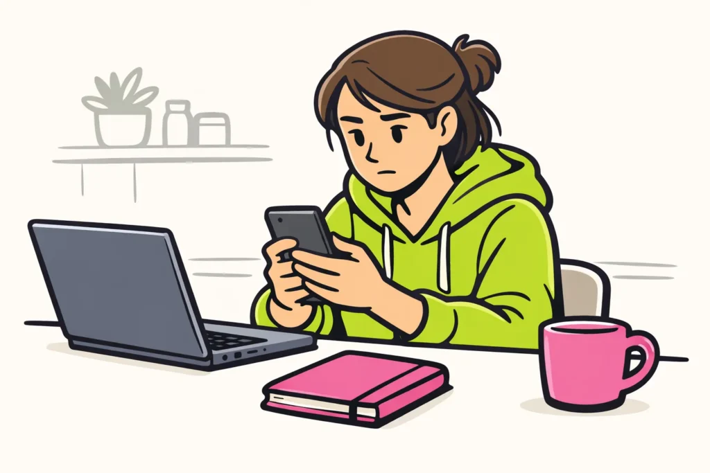 Persoon controleert een telefoon naast een laptop omdat de Instagram verificatiecode niet aankomt.