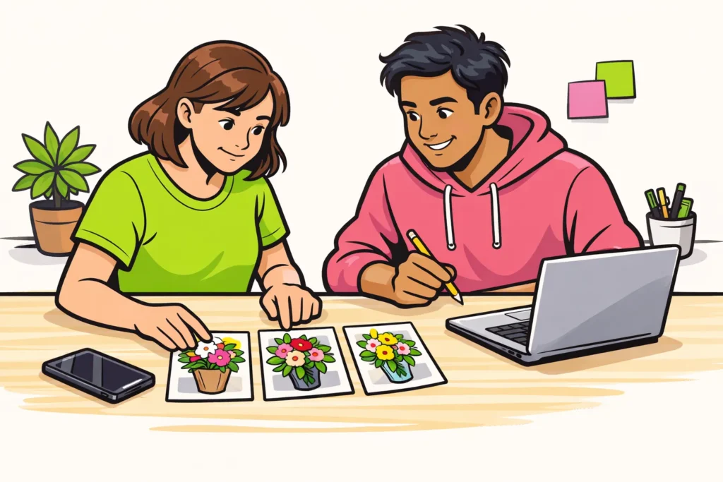 Twee collega's controleren samen drie beelden voor een geplande reeks Instagram Stories.