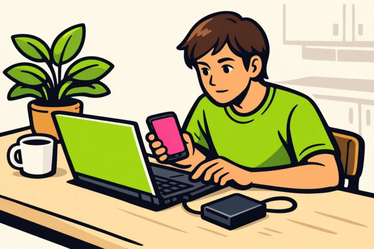 Persoon bewaart eigen video's van een telefoon op een laptop om ze ook buiten TikTok te hebben.