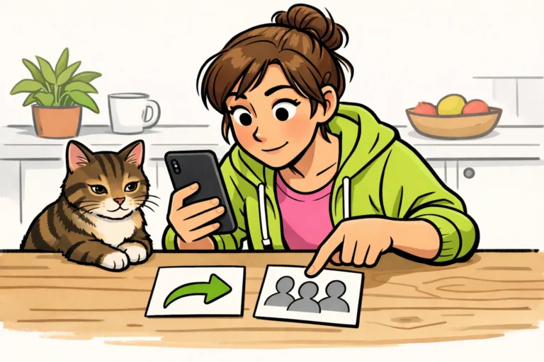 Persoon bekijkt een telefoon naast kaarten met een deelpijl en anonieme personen.
