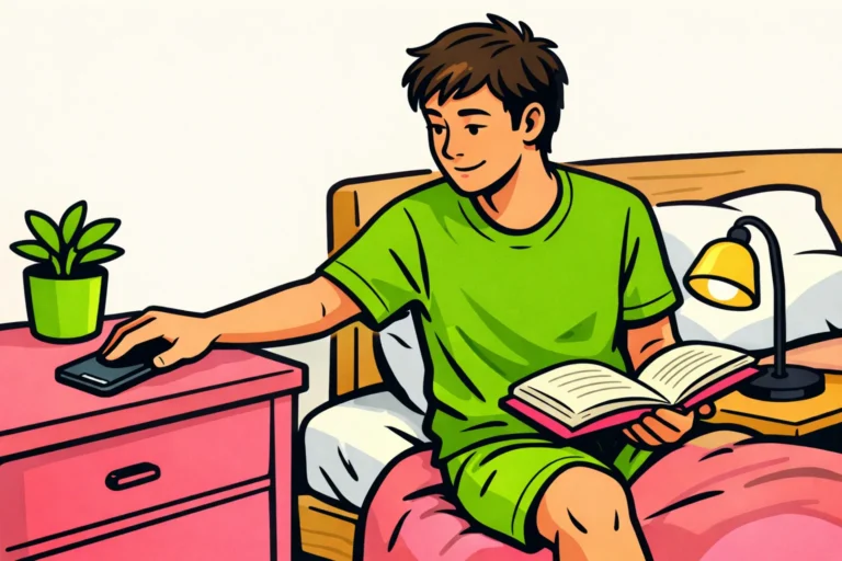 Een jonge persoon legt de telefoon op een ladekast weg van het bed en houdt een open boek vast.