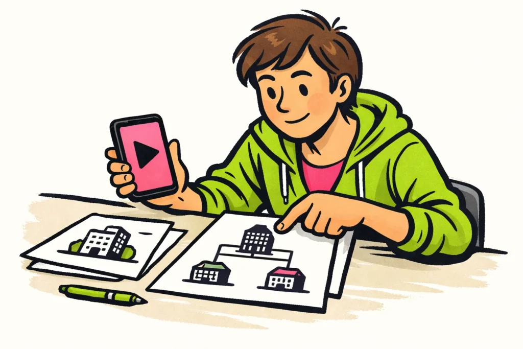 Persoon vergelijkt een videoapp op een telefoon met een schema van een moederbedrijf en de bedrijven die eronder vallen.
