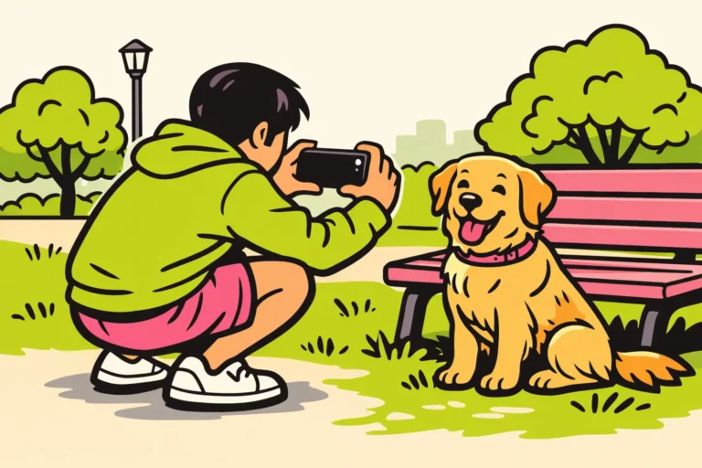 Persoon houdt een telefoon met twee handen stil om een scherpe foto van een hond te maken.