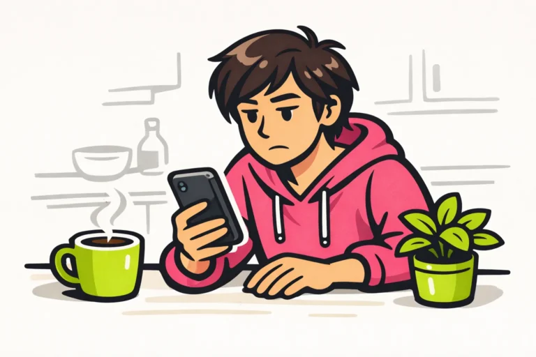 Persoon bekijkt een smartphone aan de keukentafel en pauzeert met tikken.