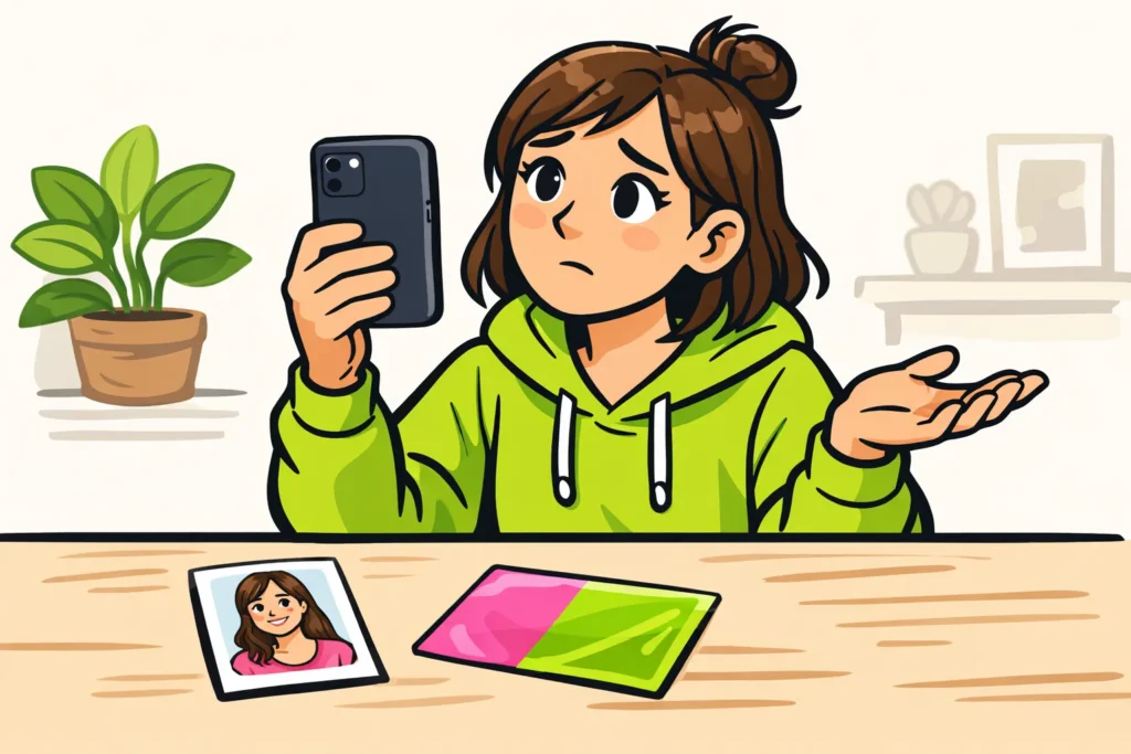 Persoon test met een smartphone een camera effect, met een portretfoto op tafel.
