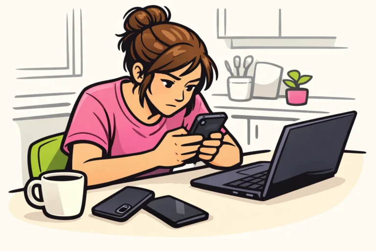 Persoon zoekt een TikTok concept op een telefoon, met een laptop en tweede telefoon op tafel.