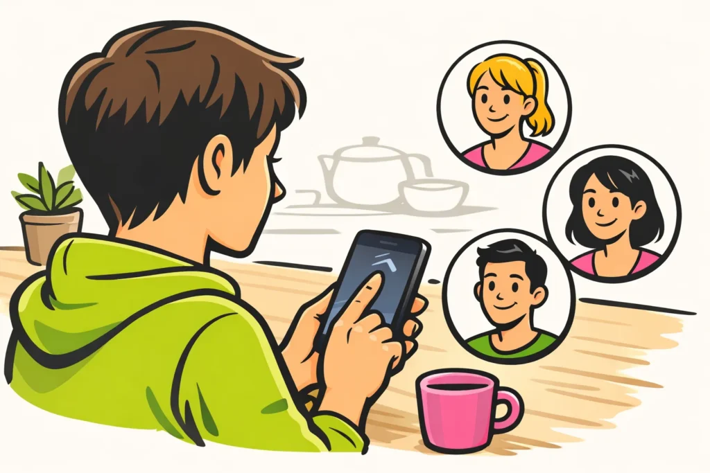 Persoon veegt omhoog op een smartphone, met kleine portretten die kijkers van een TikTok story voorstellen.