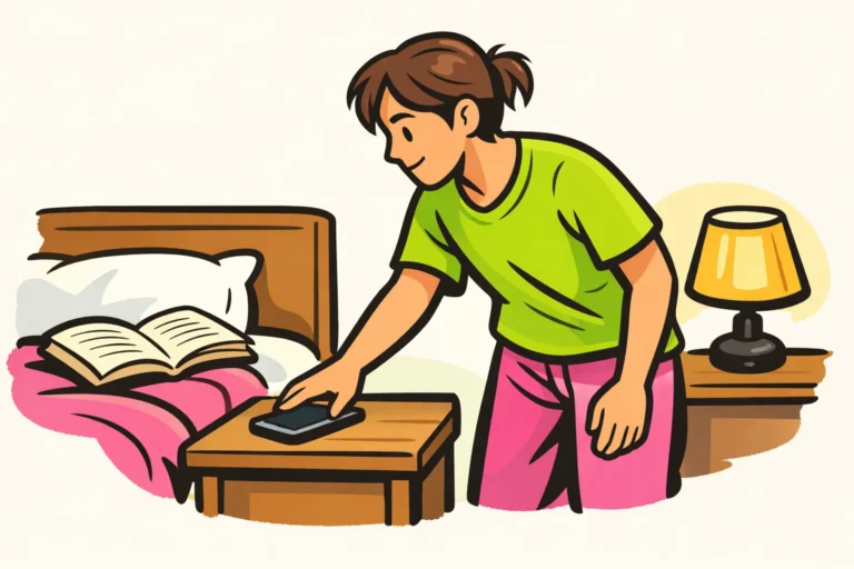 Een jonge volwassene legt de telefoon weg van het bed en heeft een boek klaarliggen.