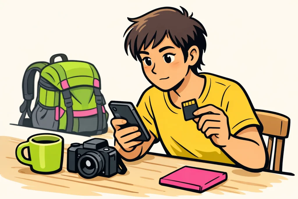 Persoon bekijkt een smartphone en houdt een geheugenkaart naast een camera om een eigen video te bewaren.