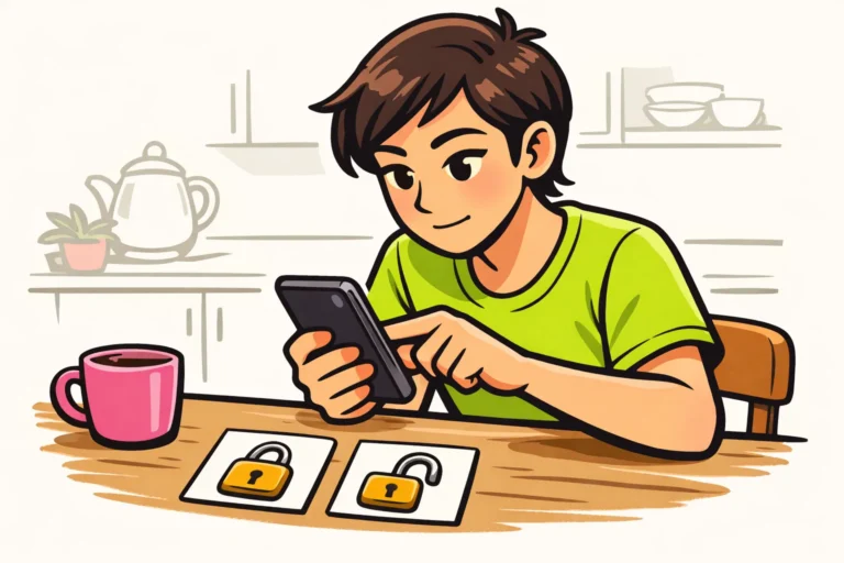 Persoon controleert een smartphone met daarnaast kaartjes met een open en een gesloten hangslot.