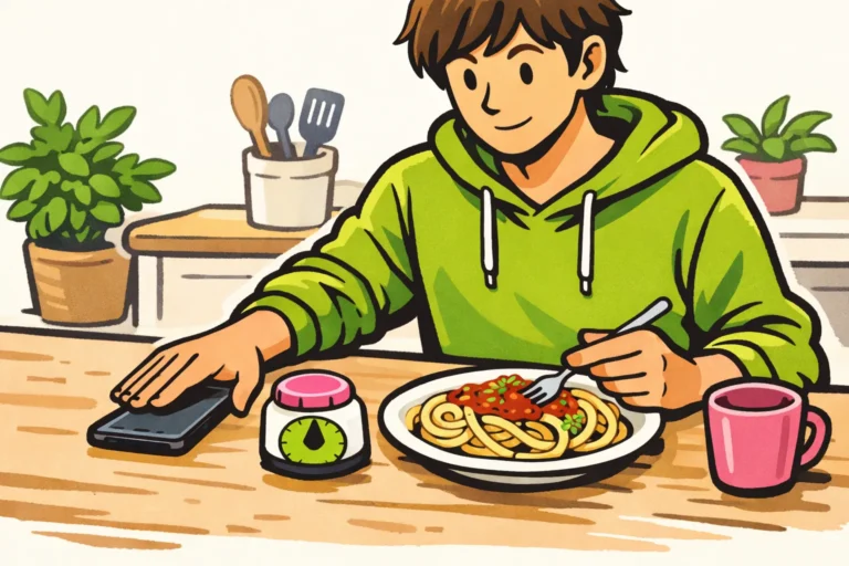 Persoon legt een telefoon naast een keukenwekker om te stoppen met scrollen en te gaan eten.