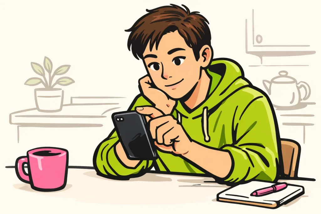 Persoon die op een smartphone een profiel bekijkt om de bio te vinden.