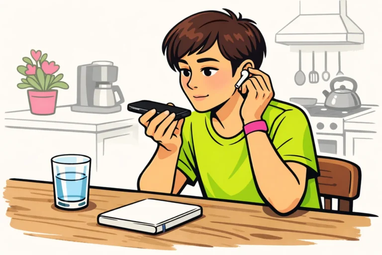 Persoon aan een keukentafel die met een telefoon een korte stemopname test.