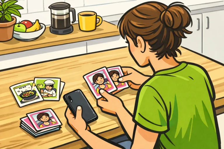 Illustratie van iemand die videobestanden op een telefoon opruimt en eigen opnamen bewaart.