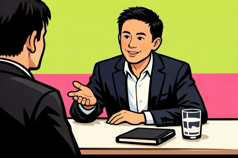 Redactionele illustratie van Shou Zi Chew, CEO van TikTok, in gesprek aan een vergadertafel.