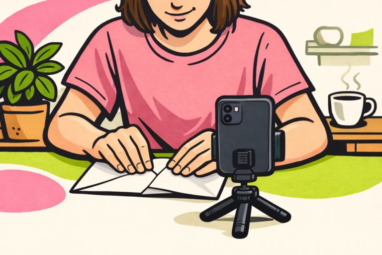 Persoon die rustig papier vouwt en het geluid met een telefoon opneemt voor een ASMR video.