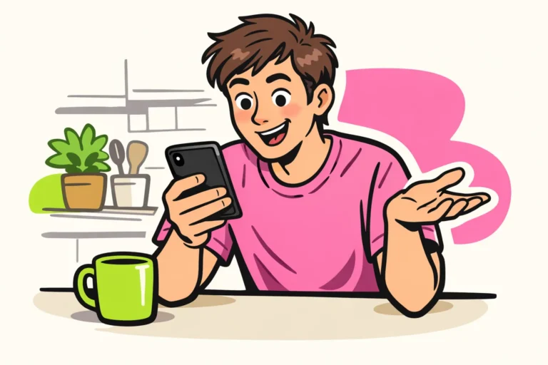 Jongvolwassene leest een Engelse klankgrap op een telefoon hardop voor.