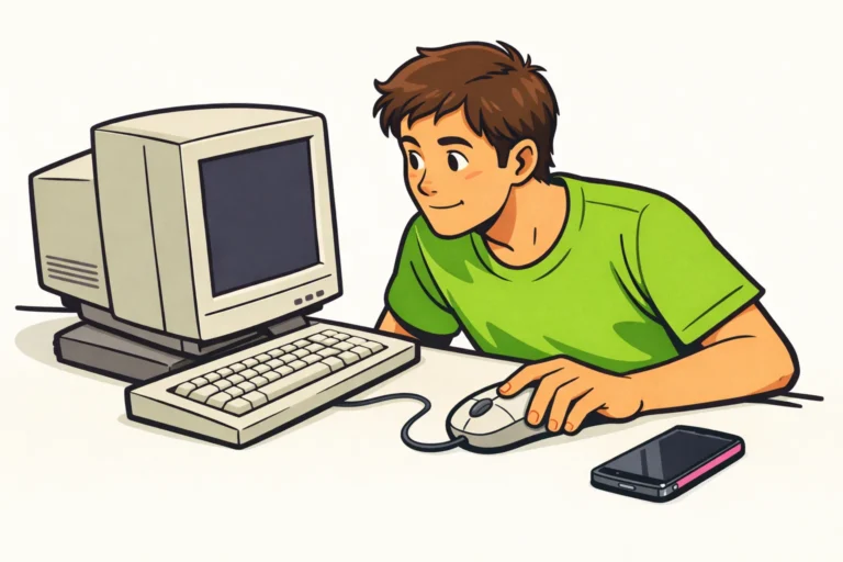 Persoon legt een oude computermuis naast een desktopmonitor, met een moderne smartphone aan de andere kant.