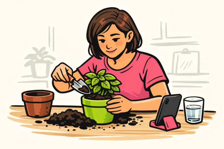 Persoon verpot een basilicumplant met een telefoon naast zich als hulpmiddel bij de uitleg.
