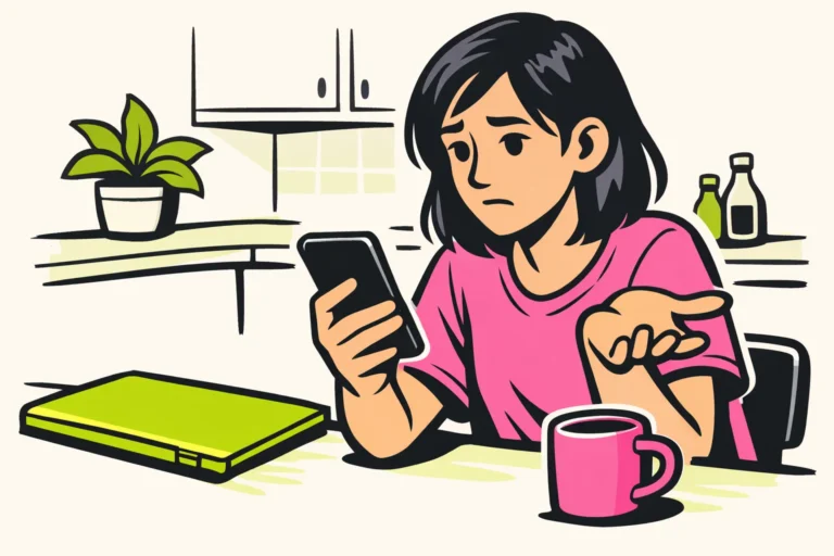 Persoon aan een keukentafel die op een telefoon bekijkt waarom iemand toevoegen niet lukt.