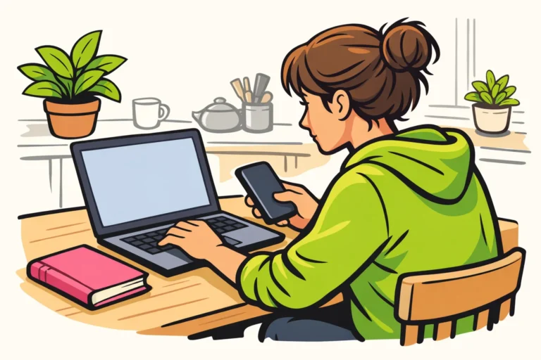 Persoon controleert een laptop en telefoon om een gehackt Facebook account te herstellen.