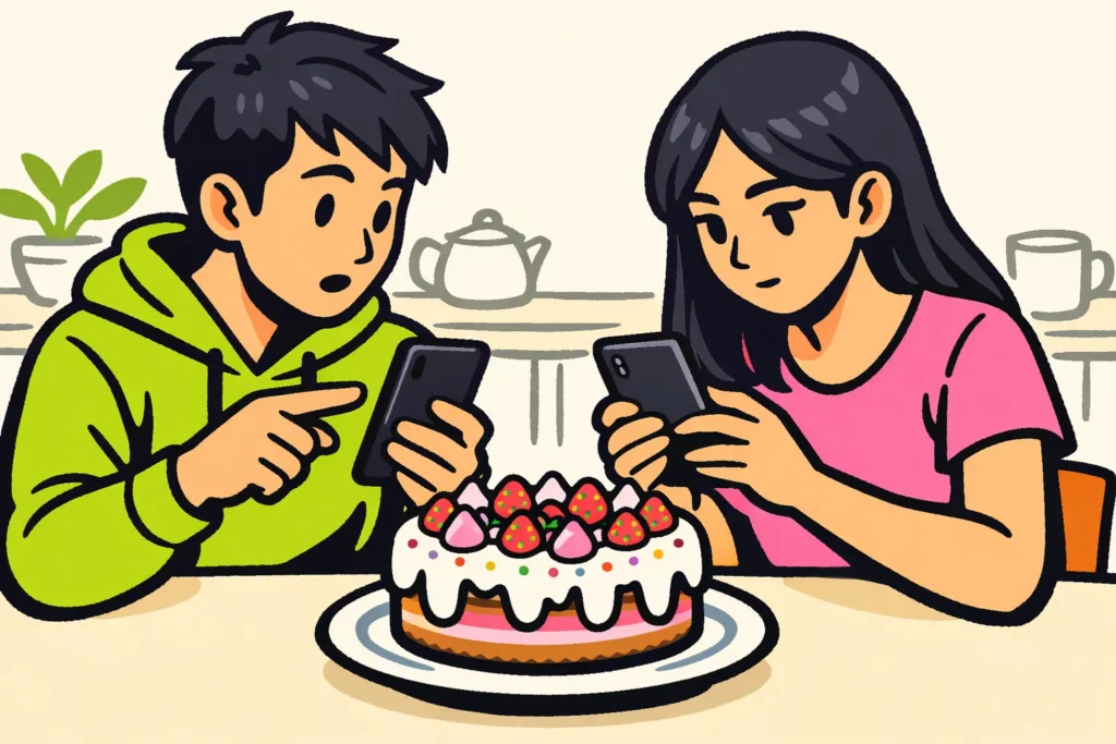 Twee mensen controleren op hun eigen telefoon of een volger een TikTok video van een zelfgemaakte taart kan bekijken.