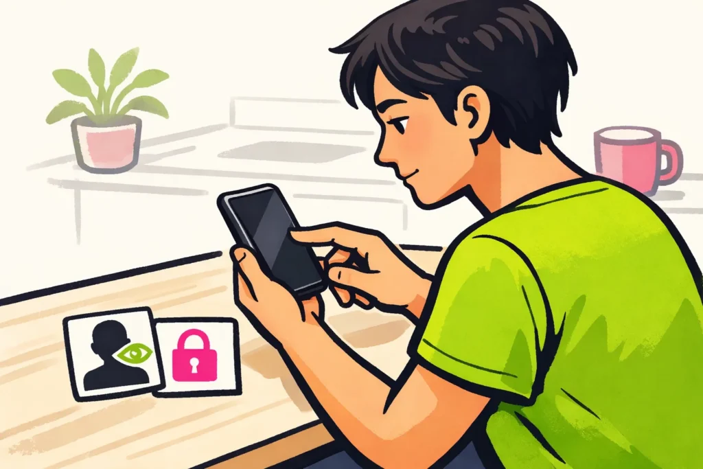 Persoon bekijkt een smartphone met daarnaast symbolen voor profielbezoeken en privacy.