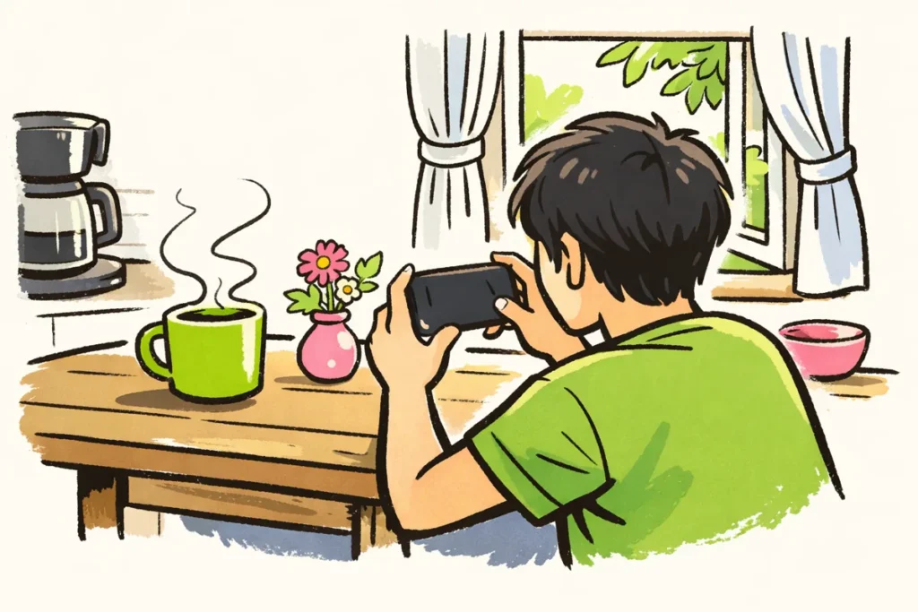 Persoon filmt een mok en bloemen bij het raam voor een rustige Instagram Reel.