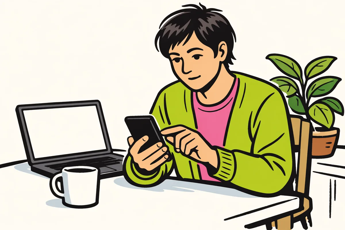 Persoon aan de keukentafel die een smartphone gebruikt met een laptop ernaast.