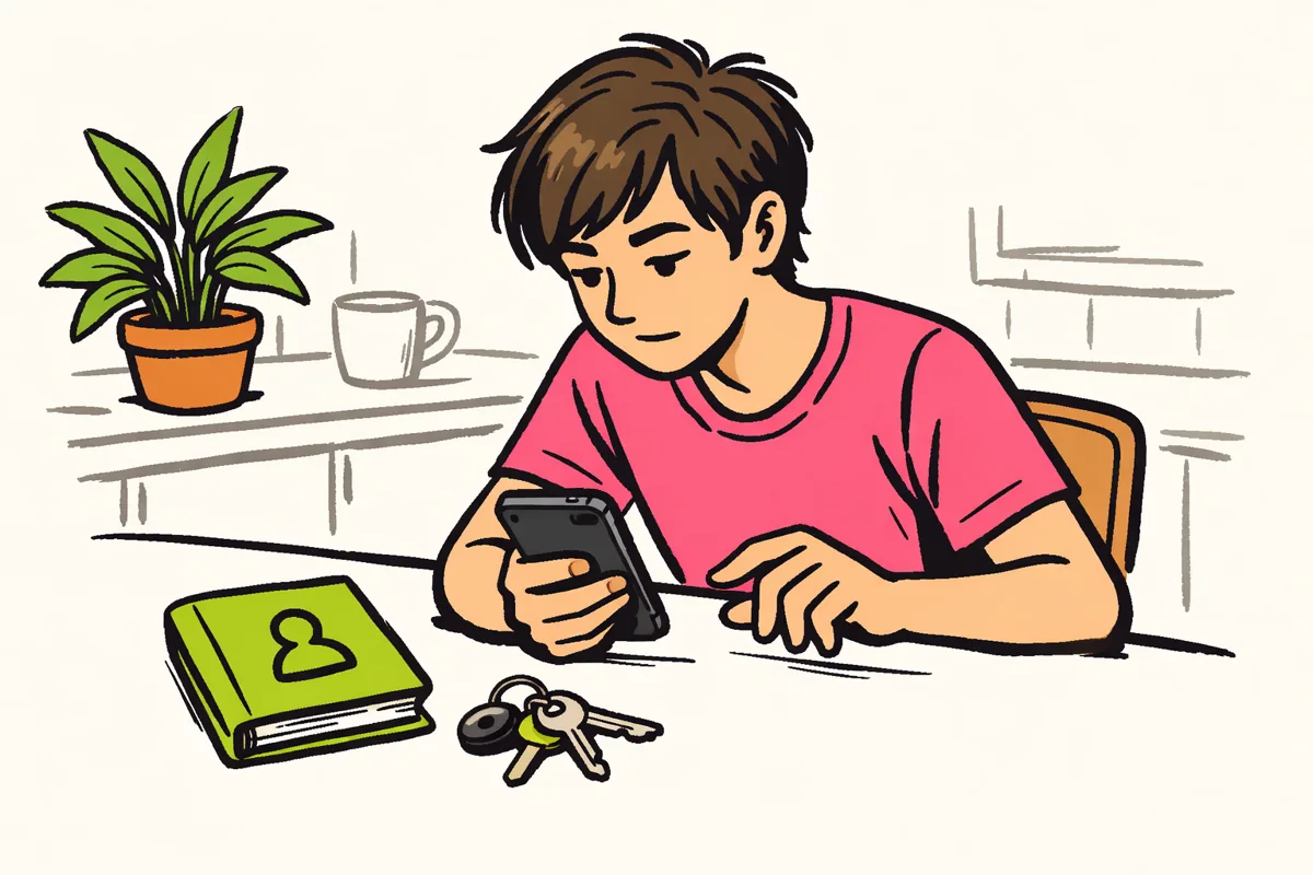 Persoon controleert een smartphone aan tafel, met een adresboek en sleutels ernaast.