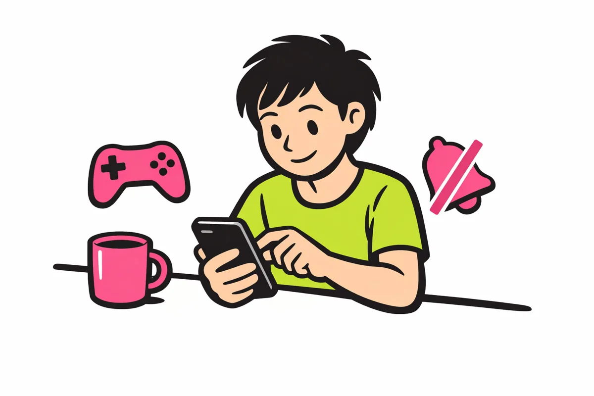 Persoon bekijkt een smartphone met daarnaast symbolen voor een game en uitgeschakelde meldingen.