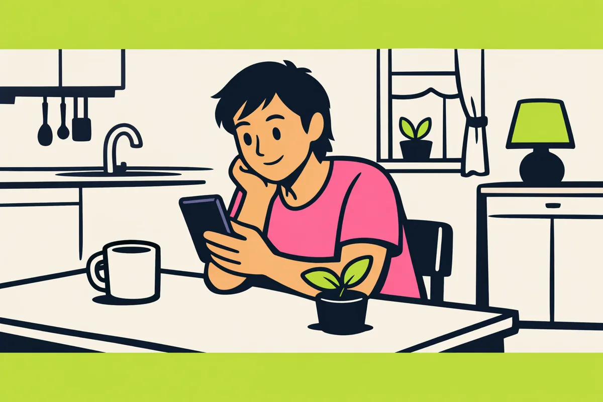 Illustratie van een volwassene die aan de keukentafel een smartphone bekijkt.