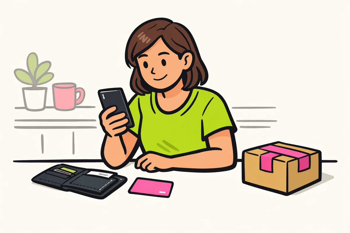 Persoon controleert een online betaling op een telefoon met een bankkaart en pakketje op tafel.