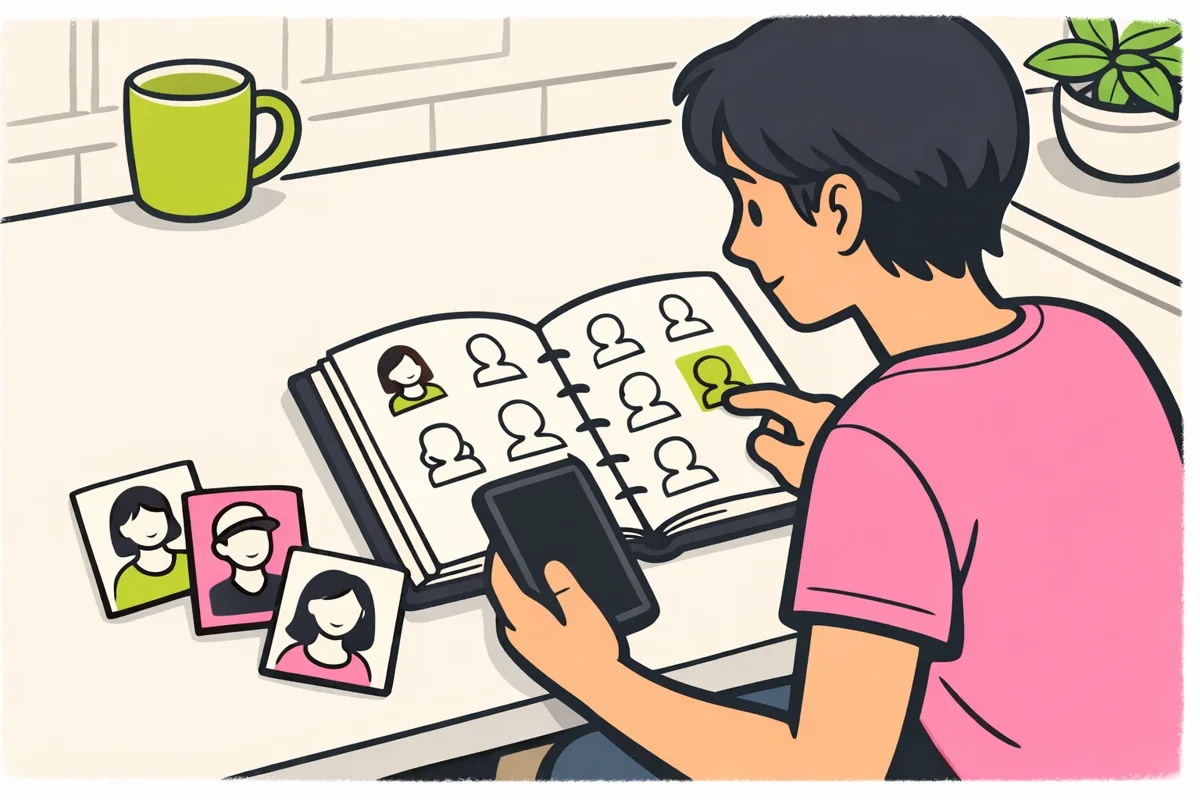 Persoon bekijkt een telefoon en een adresboek met contacten naast kaartjes met portretten.