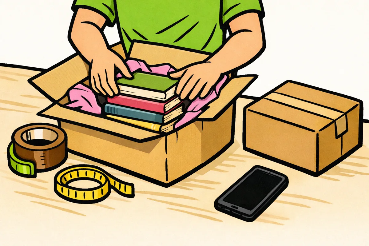 Persoon verpakt tweedehands boeken in een doos voor verzending na een verkoop via Facebook Marketplace.